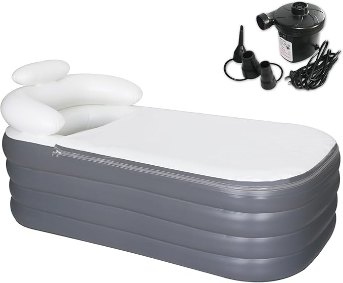 B&Y Portable Adult Soaking Bathtub, Ice Bath Tub Family Home Spa Tub with Zipper Cover, Designed with Headrest, Cup Holder (Air Pump Included) (Rectangular-164x84x51cm (without Machine))