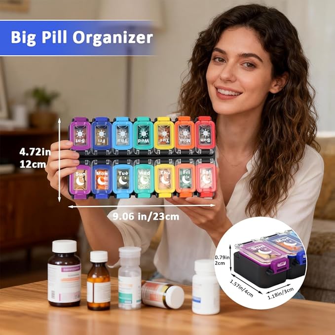 Shintop Weekly Pill Organizer 2 Times a Day, Moisture-Proof Large Vitamin Box 7 Day Secure-Locking Medicine Case with Detachable Rows for Home & Travel (Rainbow)