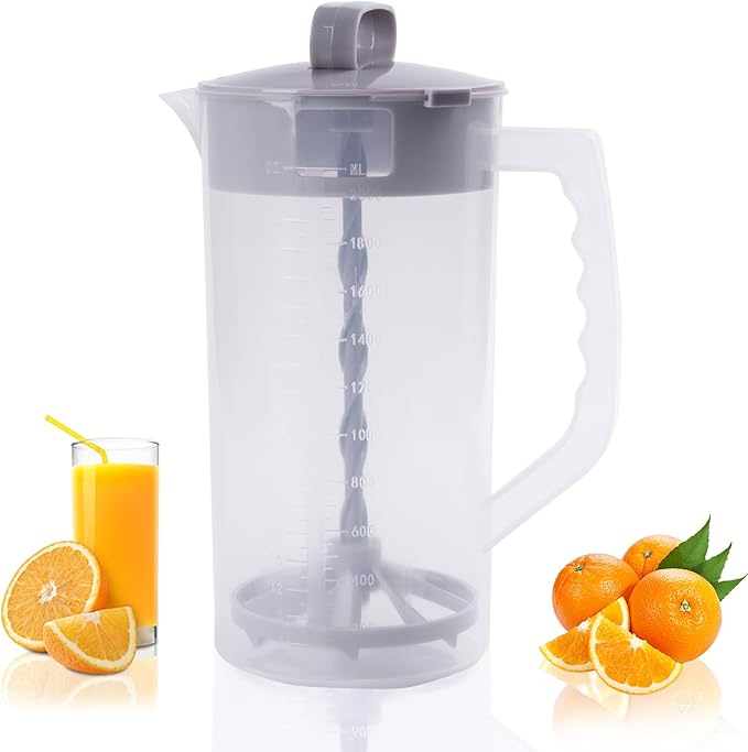 2 Quart/64oz Mixing Pitcher with Adjustable Plunger & Lid - BPA-Free, Leakproof Drink Container for Juice, Formula, Tea - Wide Mouth, Easy Clean, Vortex Mixing Technolog