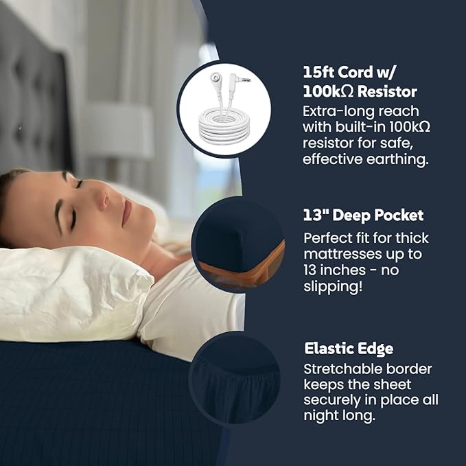 OKOHEY Grounding Fitted Sheets with 15ft Earthing Cord, Twin XL Size, 90% Organic Cotton + 10% Silver Fiber, Soft & Breathable Grounded Sheet for Better Sleep and Enhanced Wellness, Dark Blue