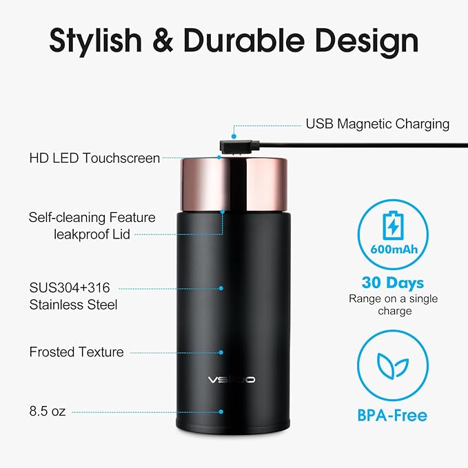 Vsitoo 8.5oz self-cleaning Mini Insulated Water Bottle,Stainless Steel Vacuum Flask,AI Self-Clean,30-Day Battery Life,BPA-Free,Perfect Small Water Bottle for Travel, Purse,Black