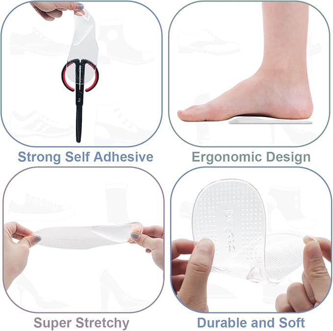 Dr.Foot Arch Support Shoe Inserts for Plantar Fasciitis Relief, Self-Adhesive Arch Pads Heel Cushion for Flats, Heel Pain, Gel Arch Insoles for Men and Women 2 Pairs (Small, Transparent)