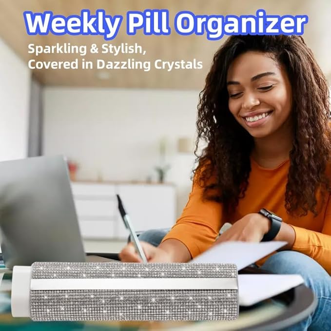 Pill Case for Purse Bling 7-Day Pill Organizer Weekly Compact Medicine Containers Travel Medication Box Holder for Traveling Women(White)