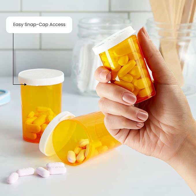 Juvale Empty Pill Bottles with Caps - Easy-Open Plastic Vials with Caps - Compact Travel Pill Bottles - 20 Dram, Orange, Pack of 50