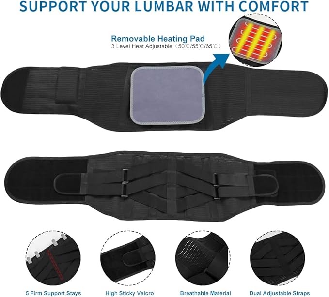 Back Brace with Heating Pad for Lower Back Pain, Cordless Heating Pad for Back, Heated Back Brace for Women and Men, Lumbar Support Brace for Sciatica, Scoliosis, Herniated Disc, Cramps, M