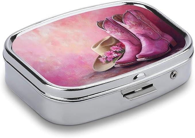 Pink Cowboy Boots with Flowers Pill Box 2 Compartment Portable Medicine Pill Case Travel Pill Organizer for Pocket Purse