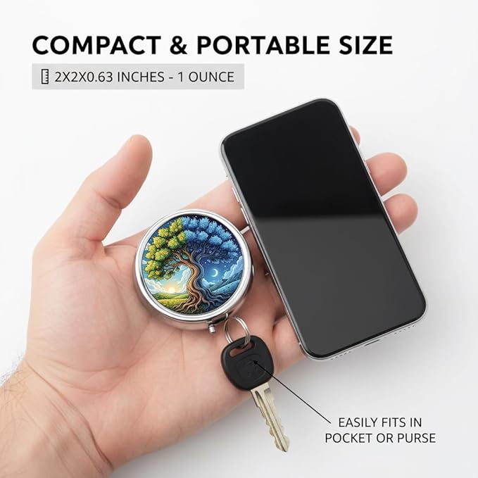 Tree of Life Pill Box 3 Compartment Small Pill Case,Portable for Pocket or Purse Pill Organizer Pill Container Holder with Mirror to Hold Vitamins, Medication, Fish Oil and Supplements