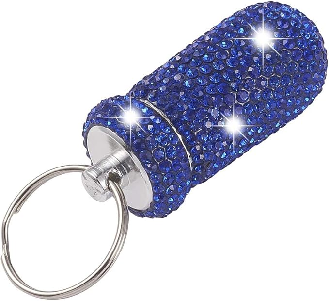 XhuangTech Waterproof Keychain Pill Box Bling Round Medicine Organizer Holder Container Aluminum Portable Mini Bottle Storage Case for Outdoor Travel Camping Purse Pocket (Deep Blue)