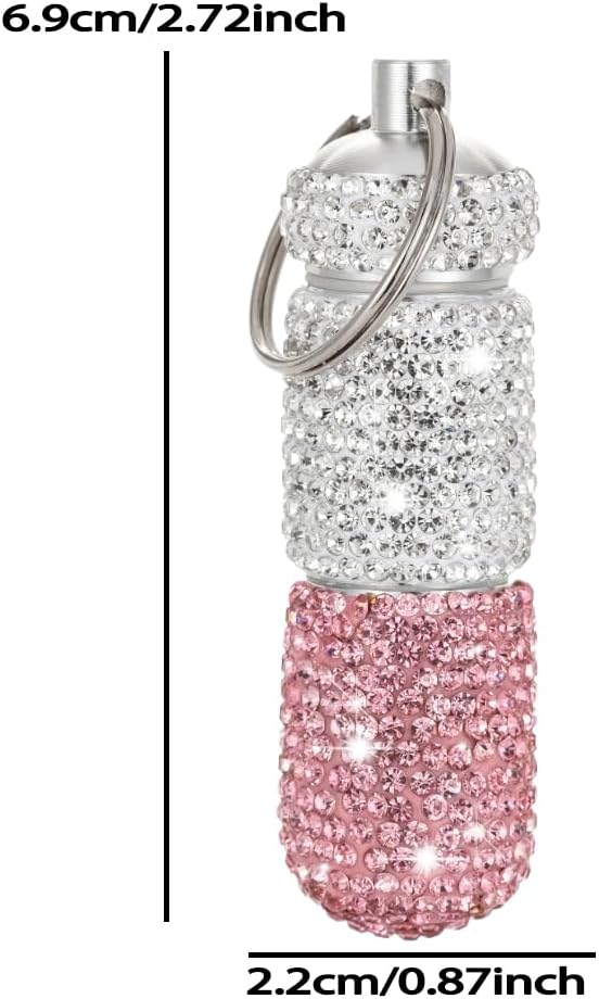 Bling Pill Case Portable Travel Pill Container Bottle Rhinestone Waterproof Small Pill Holder with Keychain Cute Mini Pill Storage Box (white pink)