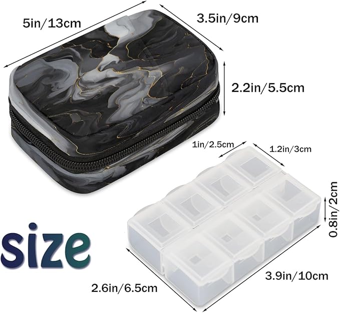 Black Grey Marble Modern Travel Pill Organizer Box Weekly Portable Pill Case Daily Pills 7 Day Small Birth Control Pills Container Removable Compartments for Medicine Vitamins Fish Oil