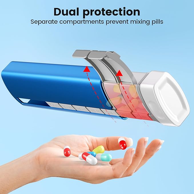 Daviky Metal Travel Pill Organizer, Premium Aluminum Pill Box 7 Day, Weekly Daily Pill Case, Stylish&Cute Pill Holder for Medicines, Supplements and Vitamins (Blue+Gray)