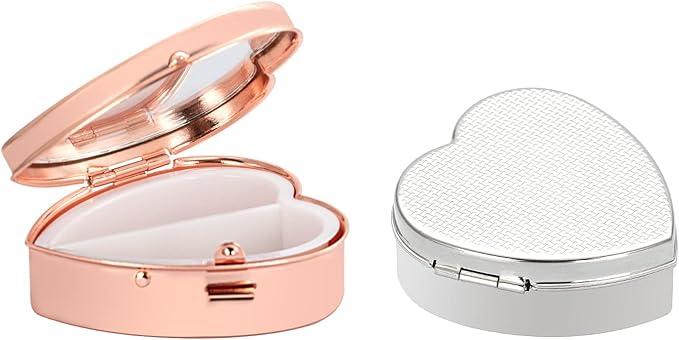 Heart-Shaped Mini Drug Storage Box (2 Pack), Elegant and Stylish Everyday Portable Pill Case (Silver & Rose Gold)
