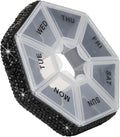 Round Pill Organizer Small Weekly Pill Case for Purse Bling Cute Medicine Pill Box Compact Vitamin Container 7 Day Daily Pill Holder Planner(Black)