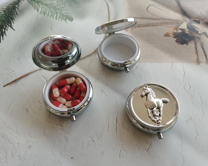 Medicine Pill Organizer Travel Pill Case - Small Pill Box for Purse, Mini Pocket Pill Case for Men, Cute Daily Pill Organizer Weekly Vitamin Pill Holder Round Metal Pill Box (Horse)