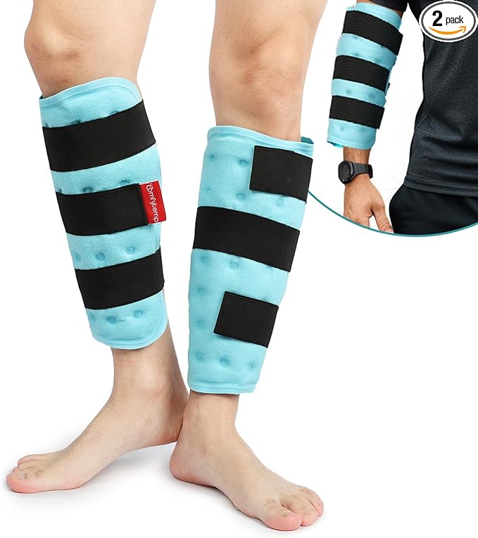 Comfytemp Calf Shin Splint Ice Packs for Injury Reusable, Elbow Gel Pad Wrap, Hot Cold Compression Freeze Sleeve for Swelling, Tendonitis, Knee, Leg, After Surgery, 2 Packs, S - M