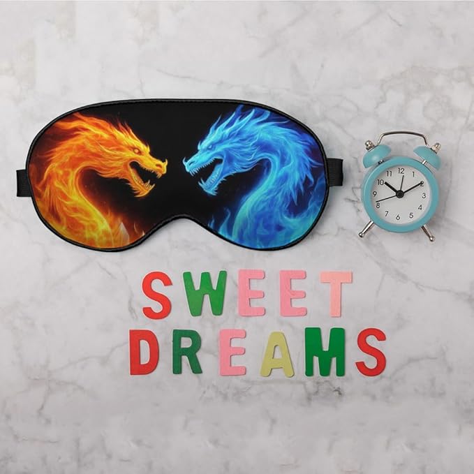 Fiery Dragons Sleep Eye Mask Eye Cover Blue Red Dragon Abstract Art Dragons Silk Eye Mask for Sleeping with Adjustable Strap for Travel Nap Shift Work Office
