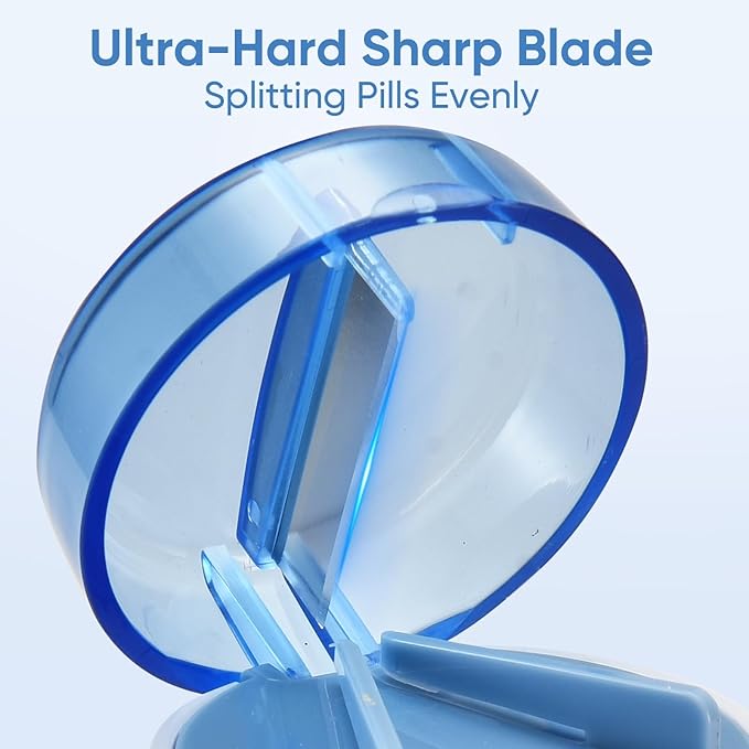 3-in-1 Pill Crusher, Pill Cutter Splitter & Pill Grinder with Stainless Steel Blade, Adjustable Pill Cutter for Small or Large Pills, Easy to Use, Travel-Friendly(Blue)