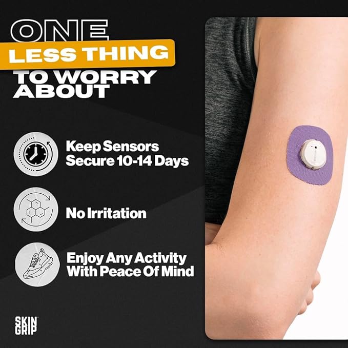 Skin Grip Adhesive Patches Compatible with Dexcom G7 & Stelo CGM with Cutout – Waterproof & Sweatproof Cover for Continuous Glucose Monitor Sensor, Stays Secure for 10-15 Days – 20 Pack, Purple
