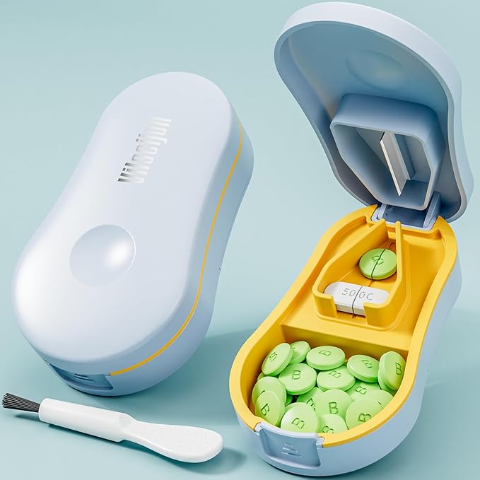 Pill Cutter for Small and Tiny Pills - Pill Splitter with Detachable Silicone Pad - Easy Open Snap Button. Wrap-Around Blade Guard Prevents Cuts. Back Storage (Blue+White)