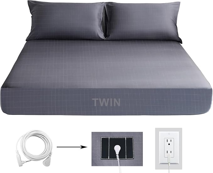 Grounding Sheets Twin Grounding Fitted Sheet Silver Fiber Grounded Bed Sheets Cotton Earth Sheet with Cord (39"x75"x14",Grey)