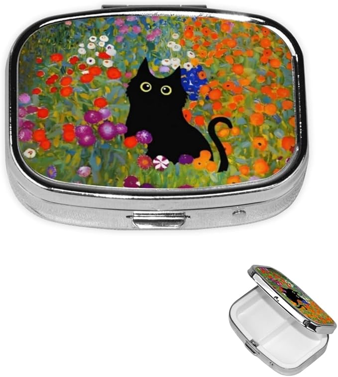 Metal 2 Compartment Square Pill Organizer Sealed Travel Pill Container, Mini Size Pill Box for Pocket Wallets Two Times a Day Compact Pill Case for Children, Men and Woman - Cute Flower Cat