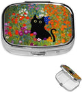 Metal 2 Compartment Square Pill Organizer Sealed Travel Pill Container, Mini Size Pill Box for Pocket Wallets Two Times a Day Compact Pill Case for Children, Men and Woman - Cute Flower Cat
