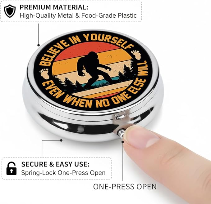 Bigfoot Pill Box 3 Compartment Small Pill Case,Portable for Pocket or Purse Pill Organizer Pill Container Holder with Mirror to Hold Vitamins, Medication, Fish Oil and Supplements
