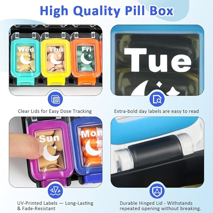 Shintop Weekly Pill Organizer 2 Times a Day, Moisture-Proof Large Vitamin Box 7 Day Secure-Locking Medicine Case with Detachable Rows for Home & Travel (Rainbow)