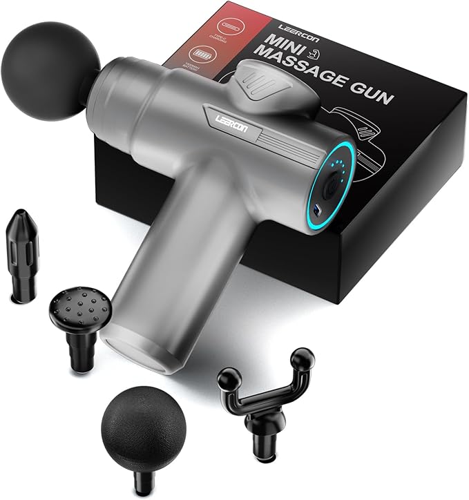 Mini Massage Gun, Deep Tissue Relief, 6 Speeds, 4 Heads, Portable for Travel, Office & Home, Gift for Men & Women (Gray)