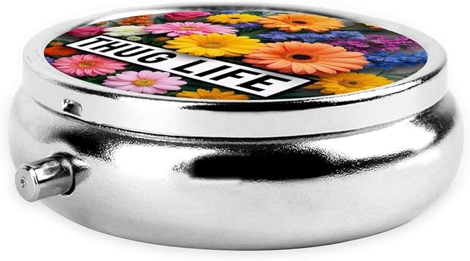 Thug Life Flowers Printed Pill Organizer,Round Travel Pill Organizer Mini Medicine Pill Box for Purse Iron Plating