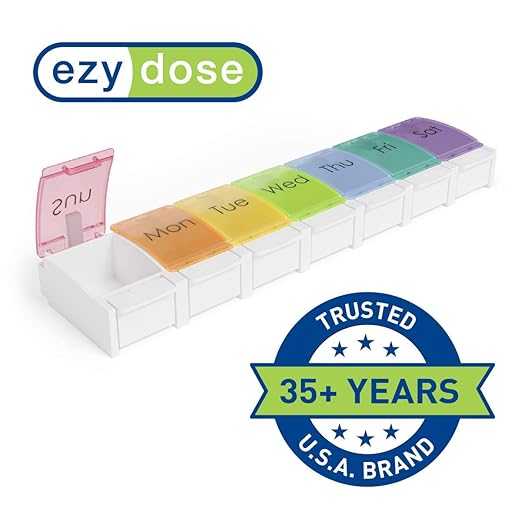 EZY DOSE Weekly 7-Day Pill Planner, Vitamin Organizer and Medicine Case, X-Large Push-Button Compartments for Easy Access, Durable Design with Colorful Rainbow Lids, Perfect for Home and Travel Use