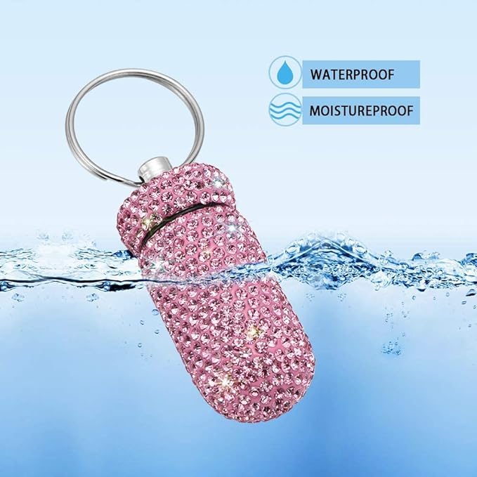 Portable Pill Case Pill Container Waterproof Pill Holder with Keychain Bling Pill Box Medicine Dispenser Bottle Storage for Outdoor Camping Travel (Pink)
