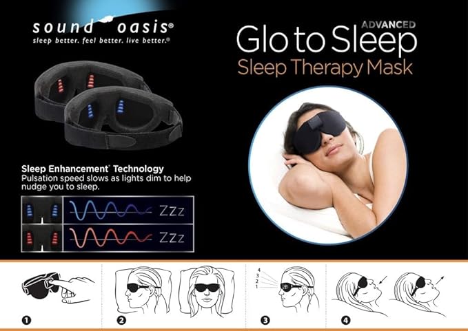Sound Oasis Deluxe Glo to Sleep Natural Sleep Eye Mask, Deep Sleep, Block Out All Light, Comfort Eye Shade, Blue Glo Points Slow Brainwaves, Adjustable Brightness & Auto Dim to Relax & Sleep, Black.