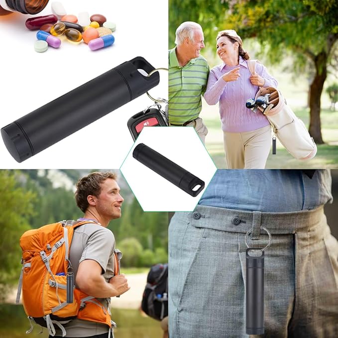 Small Pill Box, Aluminium Alloy Mini Pill Organizer Case Keychain Pill Holder Container Waterproof Metal Emergency Medicine Bottle Carrier for Pocket Purse Outdoor Camping Men