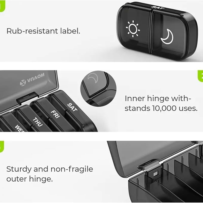 7 Day Pill Organizer, 3 Times A Day (Morning Noon Night) Weekly Pill Box with 21 Compartments, Large Capacity Portable Travel Pill Case for Vitamins & Supplements, BPA-Free Plastic (Black)
