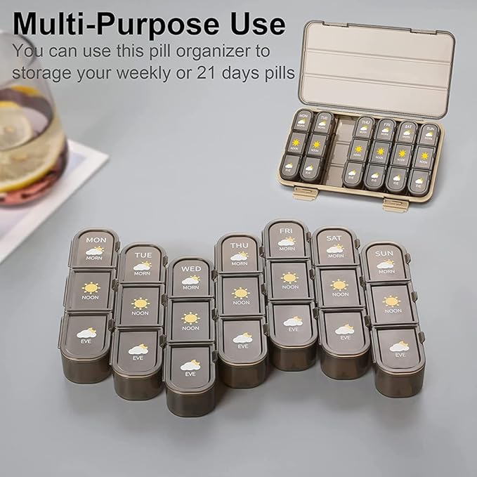 Weekly Pill Organizer 3 Times A Day Removable, 7 Days Pill Box Holder, Portable Airtight Medication Storage Containers During Travel, BPA Free, 21 Slots