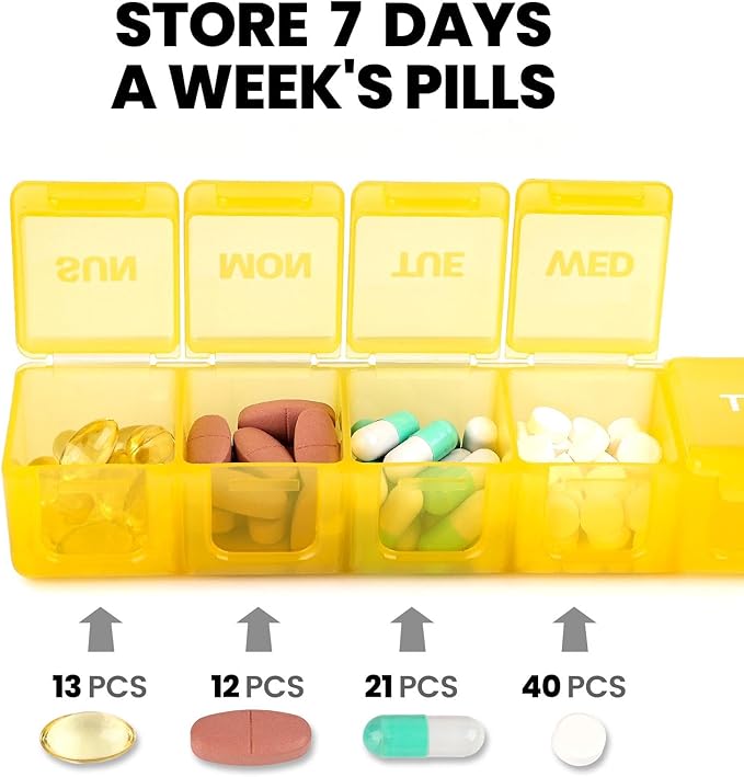 Sukuos Extra Large Daily Pill Organizer 7 Day, Easy to Open Weekly Pill Box Case, Portable Medicine Organizer with Clear Lid for Vitamins, Fish Oils or Supplements (Yellow)