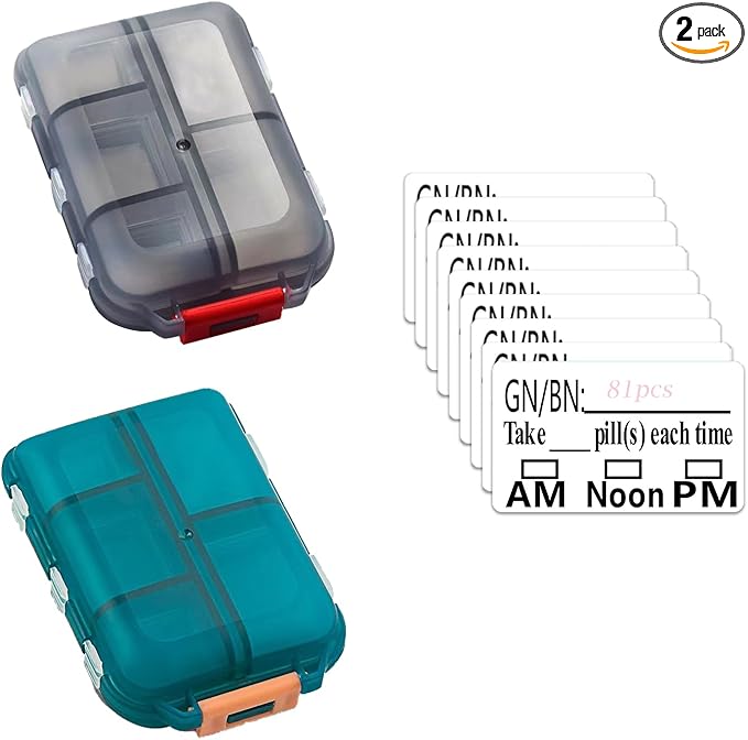 Portable Pill Organizer with 81 Labels & Strong Lock - Travel Pill Case, 10 Compartments with Individual Lids, Compact Medication Organizer (Slate Gray & Peacock Green, 2-Pack)