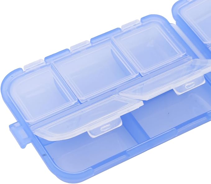Travel Pill Organizer, 10 Compartments Pill Cases Waterproof Plastic Pill Box Small Medicine Organizer with Buckle Lock Weekly Portable Medicine Container for Purse(Blue)