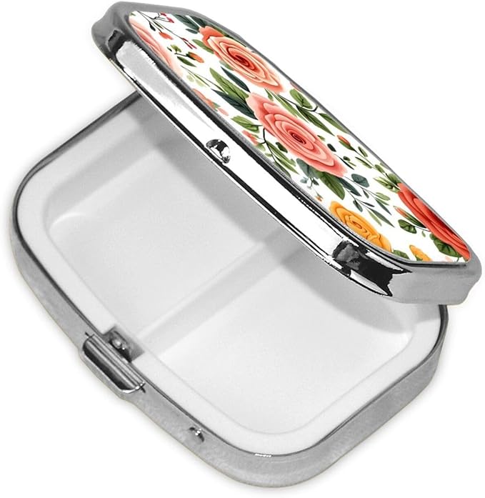 Simple Rose Pattern Pill Box with Mirror 2 Compartment Metal Square Small Pill Case for Purse Pocket Portable Pill Container Holder Travel Medicine Organizer for Vitamin Fish Oil Supplement