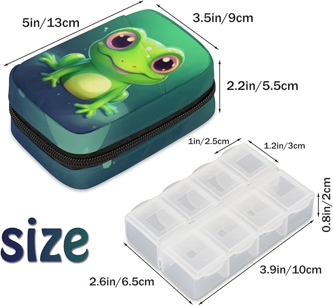 Cute Animal Frog Pill Box Small Pill Travel Organizer 7 Day Weekly Green Medicine Pill Case Cute Compact Size Vitamin Container Pill Bottle Portable Pill Holder Bag with Zipper