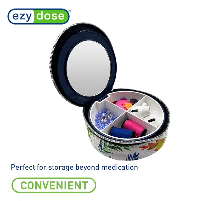 EZY DOSE Travel Pill Organizer with Built-in Mirror, Features Zippered Leaf Case, Compact and Portable Medication Case for Daily Vitamins, Pills, and Medicine, Ideal for Travel and On-The-Go Use