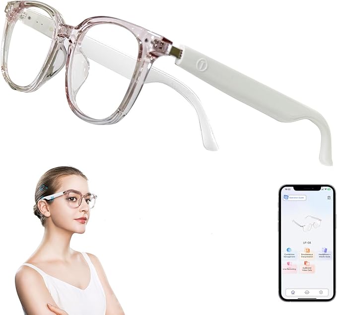 Smart Glasses for Women, AI Translation Bluetooth Glasses, Real-Time Translator, Open Ear Blue Light Filtering Lenses, Supports 165+ Languages, language translator for Traveling Learning(Clear)