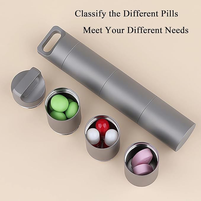 Small Keychain Pill Holder,304 Stainless Steel Portable Pill Case Organizer for Travel,Waterproof Pocket Pill Container Medicine Box for Purse Men (Mini Pill Case), Silver