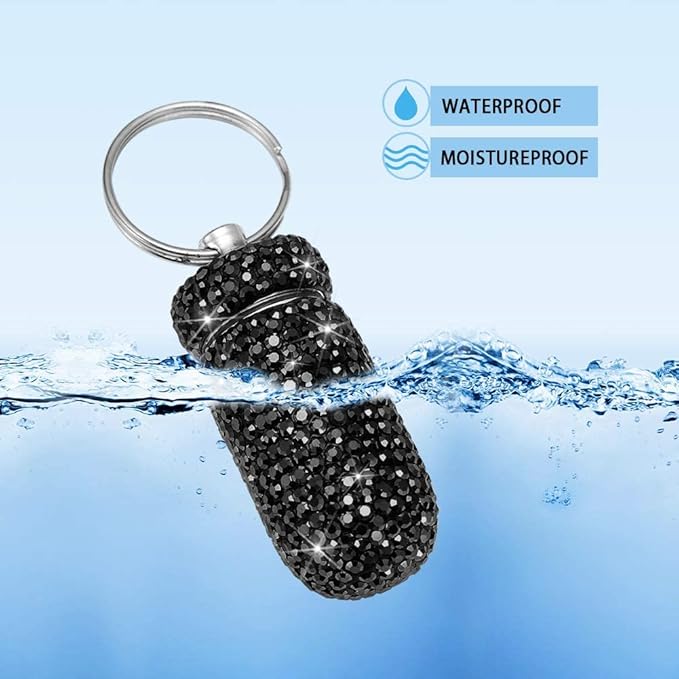 Portable Pill Case Pill Container Waterproof Pill Holder with Keychain Bling Pill Box Medicine Dispenser Bottle Storage for Outdoor Camping Travel (Black)
