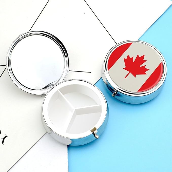 Retro Canada Flag Pattern Pill Box Travel Pill Case for Purse Pocket Weekly Medicine Organizer with Mirror 3 Compartment Round Medicine Case Portable PillcaseHolder for Daily