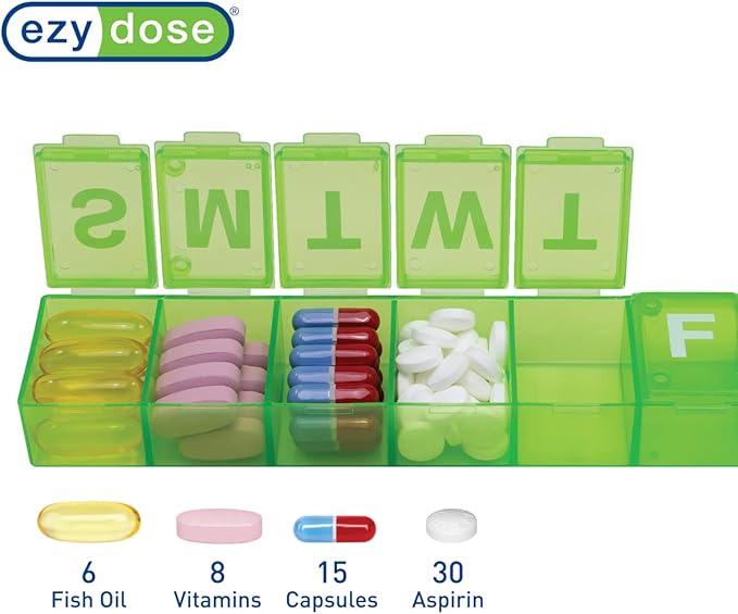 EZY DOSE Weekly (7-Day) Pill Organizer, Vitamin Case, and Medicine Box, X-Large Compartments, Color May Vary (Pack of 2)