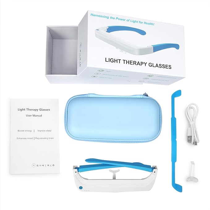 Light Therapy Glasses, Blue-White UV-Free Light Therapy Lamp, Portable Daylight Lamp, Wearable Sunlight Lamp, Boost Energy, Relief for Sleep Problems, Jet Lag, Equivalent to 10000 Lux