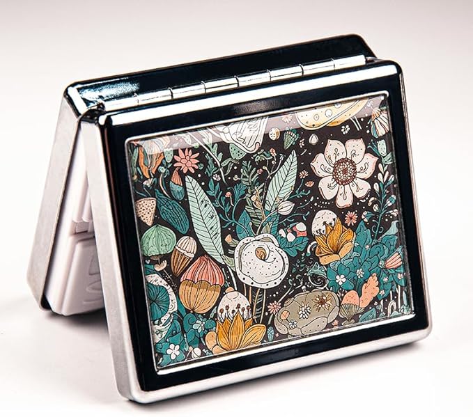 Magic Flowers 7 Days Chromed Shiny Silver Pill Organizer with Mirror Inside Has 8 Separate Compartments Rectangle 7 Days Pill Box Pill Case