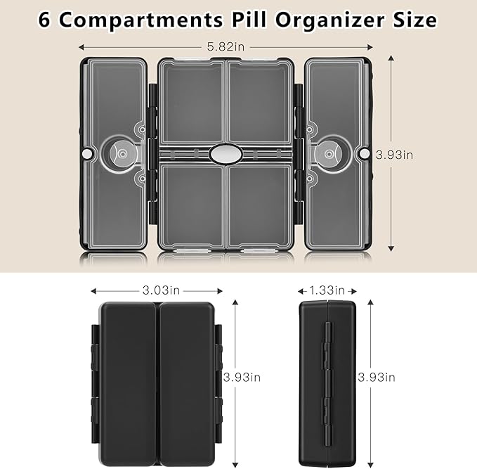 FYY Travel Pill Organizer with Blank Lables,6 Compartments Magnetic Pill Organizer Pill Box for Purse Pocket to Hold Vitamins,Cod Liver Oil,Supplements and Medication-Black